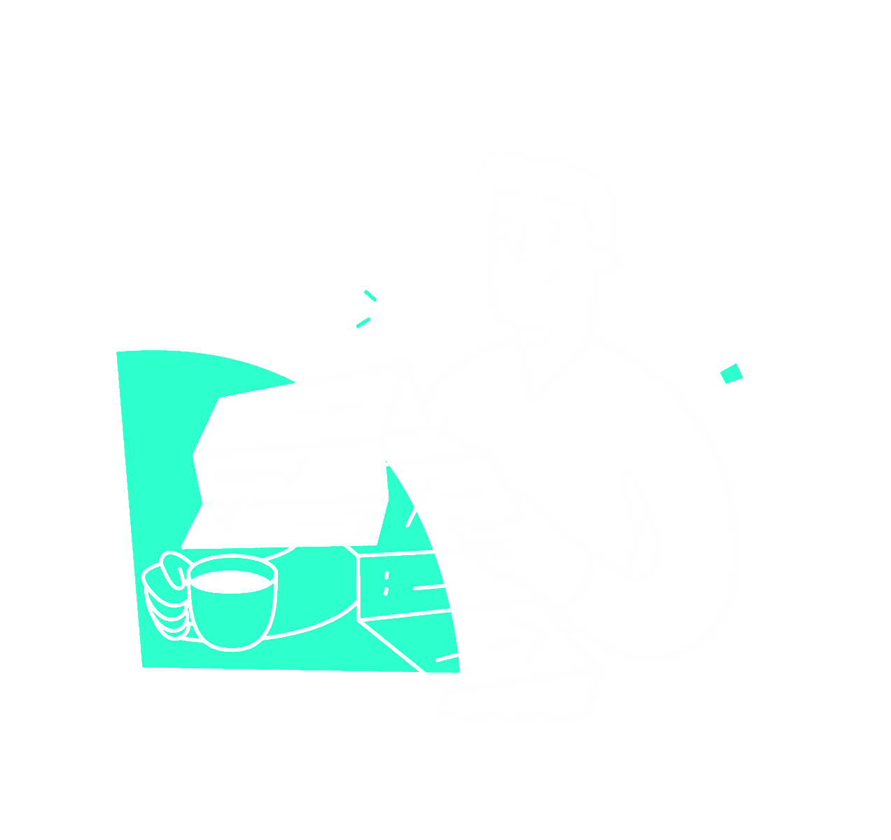 Uma ilustração de um homem segurando uma xícara de café.