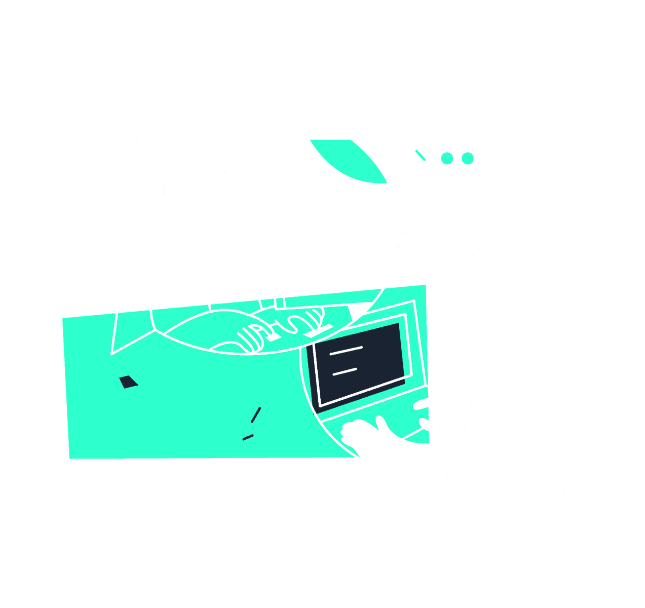 Uma ilustração de um homem e uma mulher trabalhando em um laptop.